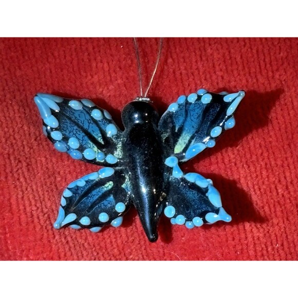 Handblown Fused Glass Black & Blue Butterfly Necklace - Picture 5 of 9
